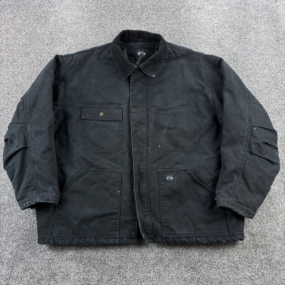 Vintage Key Chore Jacket Men's 2XL Black Faded Quilted Canvas Insulated Pockets